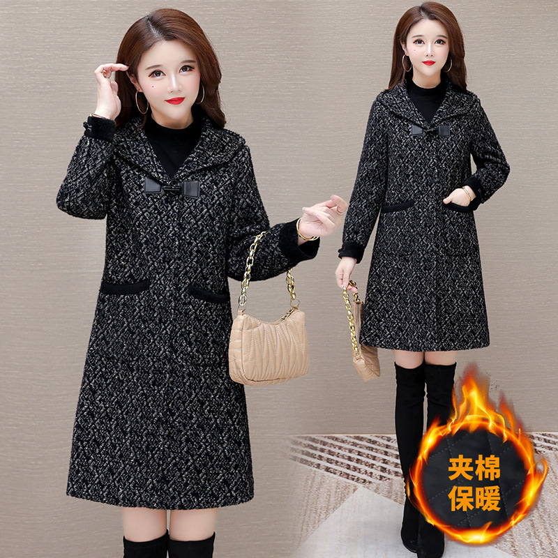 여성용 세련된 퀼팅 모직 코트, 2025년 겨울 신상, 따뜻하고 우아한 중간 길이 여성용 후드 모직 코트