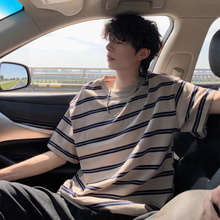 撞色条纹短袖t恤男夏季日系复古潮流青少年ins百搭圆领休闲五分袖