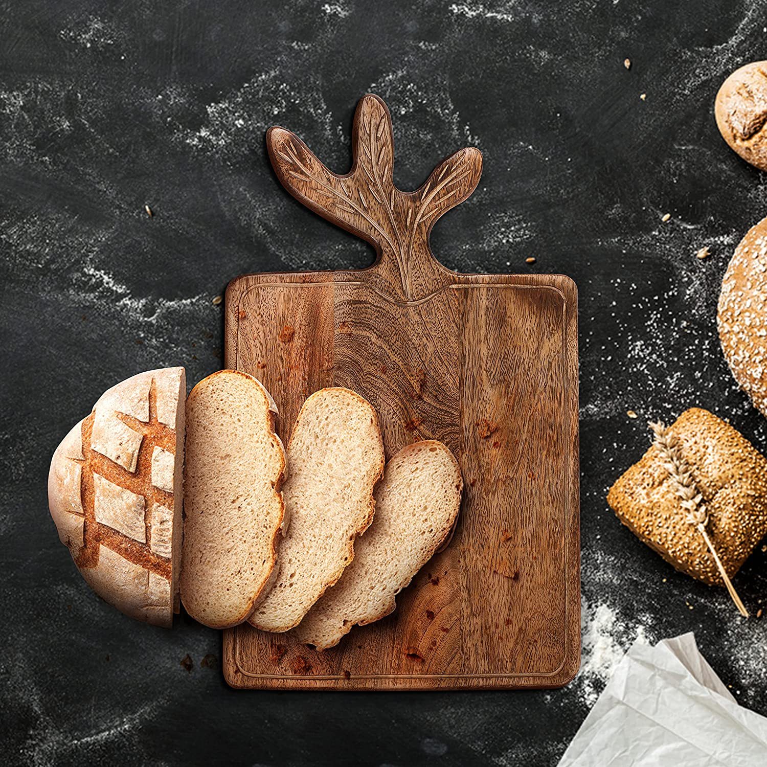 竹制披萨板木制砧板切菜板家用餐厅水果点心寿司板竹鹿角形托盘