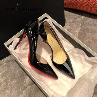 Patent Leather Side Empty Red-soled Shoes Stiletto Heel Black High-heeled Shoes 2025 Spring and Autumn New Sexy Slimming Professional Commuter Shoes