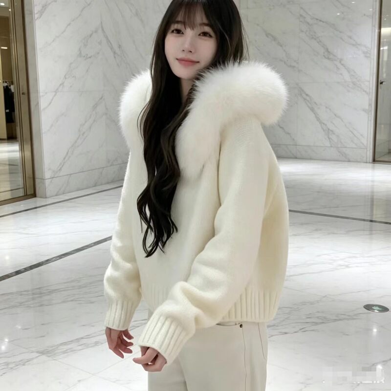 2025 New Fur Women's Hooded Thick Coat with Large Fur Collar, Autumn and Winter New Fashion Versatile Real Shot