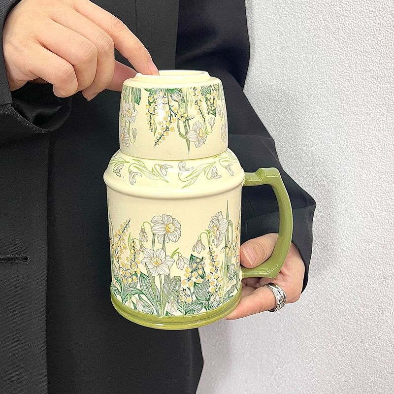 轻奢油画风铃花水壶杯高颜值陶瓷水杯大容量马克杯家用下午茶水杯|undefined