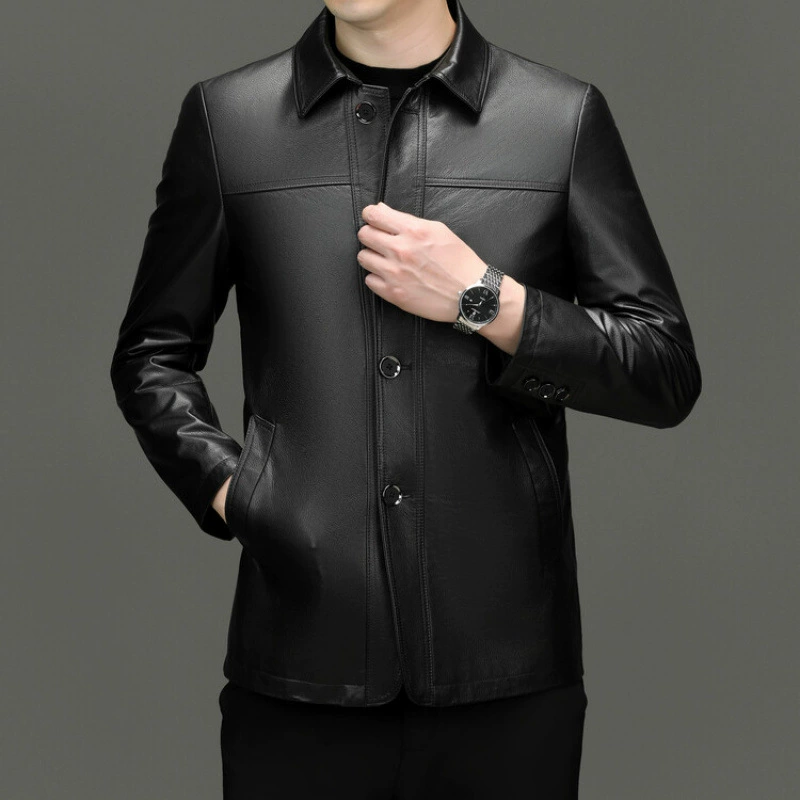 Leather autumn jacket, genuine leather, for middle age