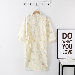 Gauze Yellow Flower Kimono Nightgown Japanese Nightgown Women's Loose Comfortable Summer New Short-sleeved Mid-length Nightgown Lace