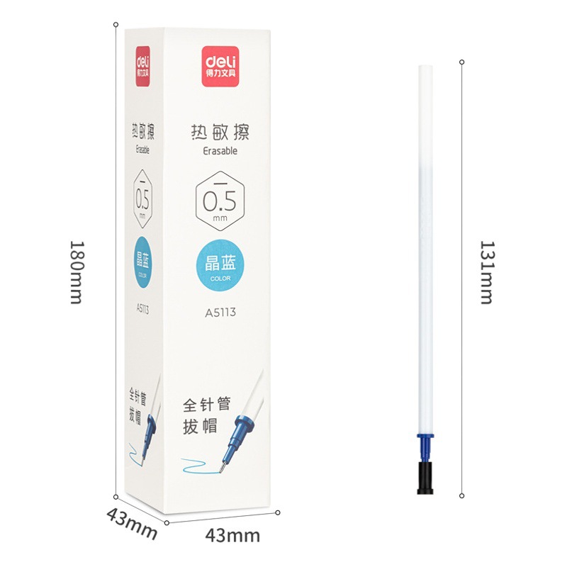 Deli Heat Erasable Gel Pen Refill, Retractable Refill 0.5mm, Cap-Off Crystal Blue-Black Thermosensitive Erasable Pen Refill