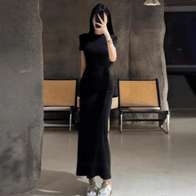 法式小个子黑色短袖连衣裙子女夏季2025新款气质修身掐腰包臀长裙