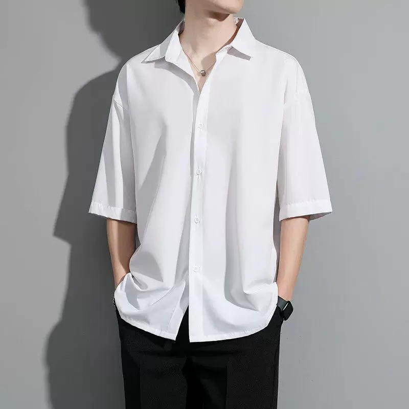 男士短袖衬衫男夏季宽松大码高级感痞帅潮牌冰丝休闲半袖衬衣外套