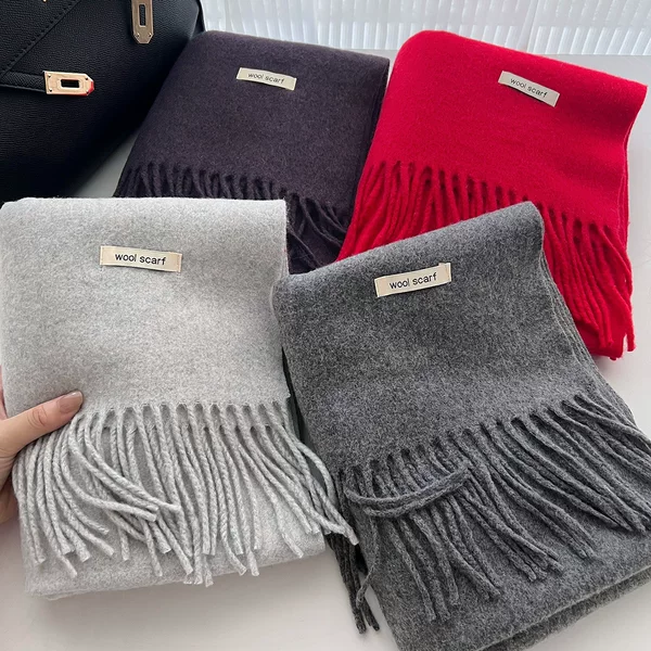 New Solid Color Warm Wool Scarf for Women, Gentle Style, High-Quality Autumn and Winter Tassel Shawl, Unisex, Skin-Brightening Neck Scarf
