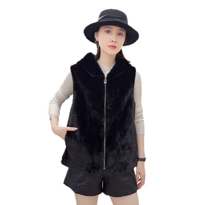 Middle-Aged and Elderly Women's Faux Mink Fur Loose Vest, Fur Integrated Thickened Warm Coat with Hood