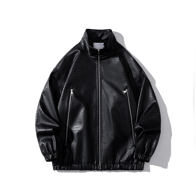 White Base Color Stand-Up Collar Crocodile Pattern Jacket with Double Side Metal Zipper and Large Pocket Design for Men 127776085118