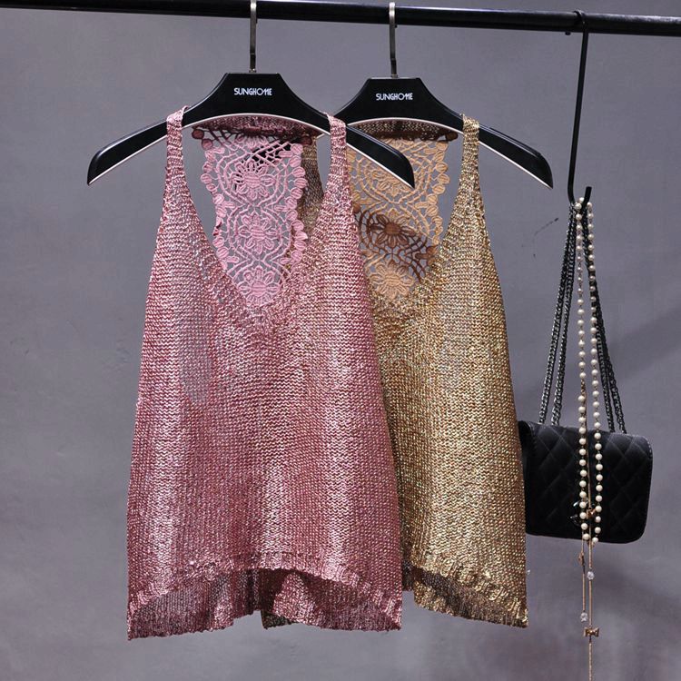 Summer 2020 New Sexy Leaky Shoulder Vest Halter Sequin Top Lace Beautiful Back Knitted Outer Wear Sling Women's Trendy