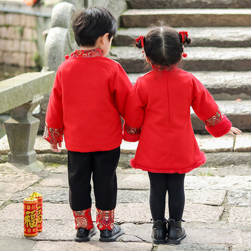 New winter baby New Year's greetings clothes for boys and girls Chinese style plus velvet and thickened Tang suit two-piece children's one-year-old dress