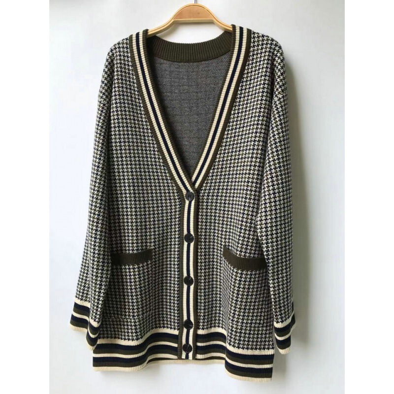 New Houndstooth Versatile Fashionable Sheep Wool Knitted Button Cardigan Skin-Friendly Soft Mid-Long Sweater Coat for Women