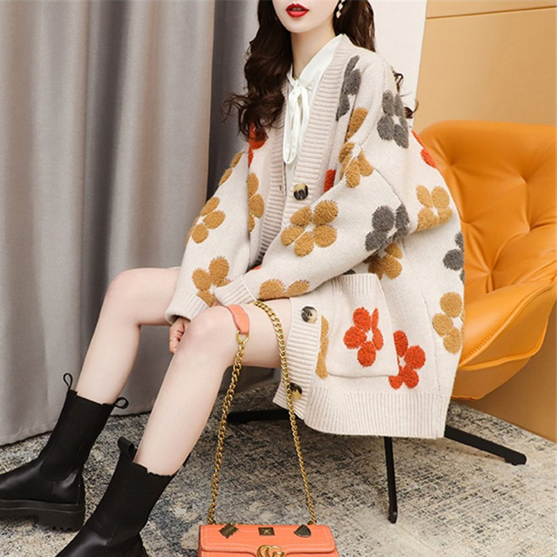 Cross-border European Station Autumn and Winter New Korean Style Retro Loose All-match plus size Outer Wear Cardigan Knitted Sweater Coat for Women