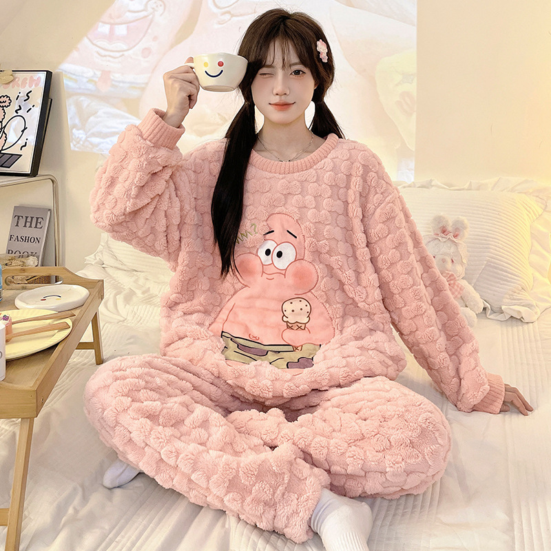 Coral Velvet Pajamas Women's Autumn and Winter New fleece-lined Thickened Cute Cartoon Little Girl's Winter Home Clothes suit Coral Velvet Pajamas Women's Autumn and Winter New fleece-lined Thickened Cute Cartoon Little Girl's Winter Home Clothes suit