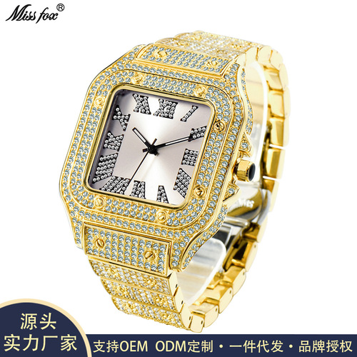 MISSFOX watch European and American Roman scale high-end fashion hip-hop diamond full diamond square men's watch