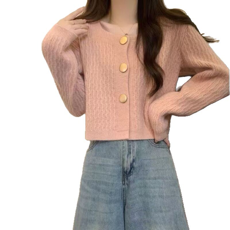 麻花毛衣外套女2025春秋新款宽松慵懒风复古短款长袖针织开衫上衣|undefined