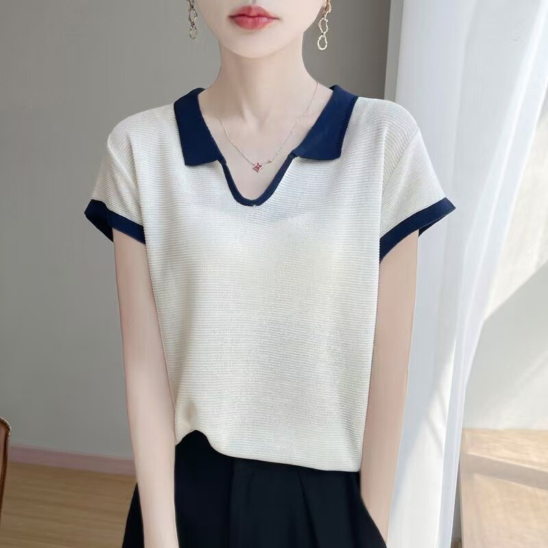 Contrast Color Lapel Knitwear Top for Women Summer Tencel Ramie Polo Shirt Short-Sleeved Thin Simple Loose T-Shirt