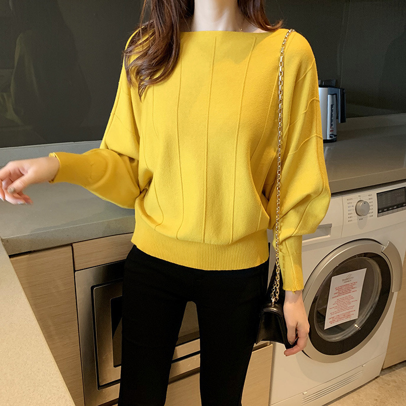 New Vertical Strip Autumn Japanese and Korean Casual Bat Sleeve Sweater Women's Loose Lazy Style Knitted Base Shirt Long Sleeve Top