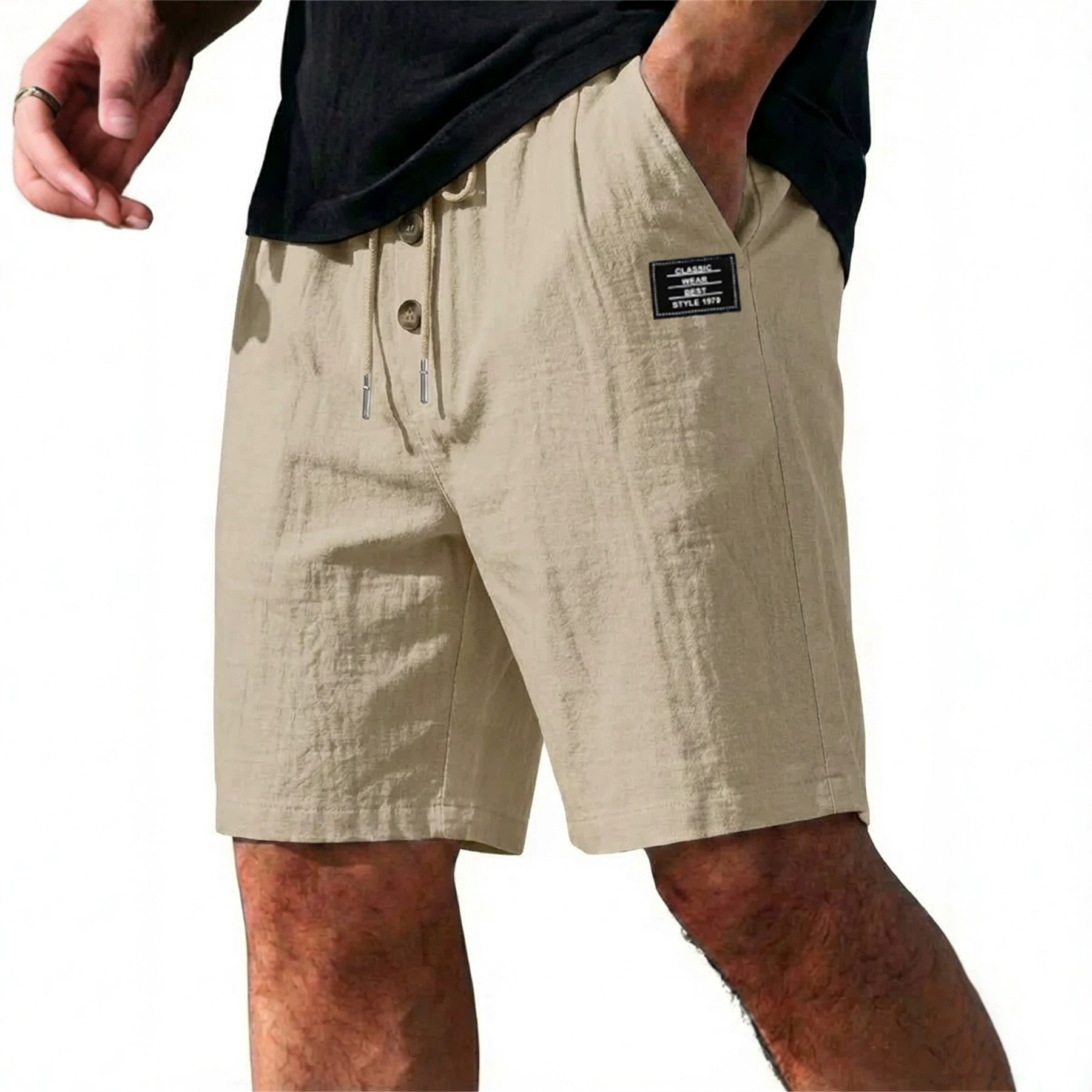 Men's Summer Cotton Linen Blend Loose Fit Solid Color Casual Shorts Trendy Sports plus Size mid Waist Beach Wear_viptrois.com