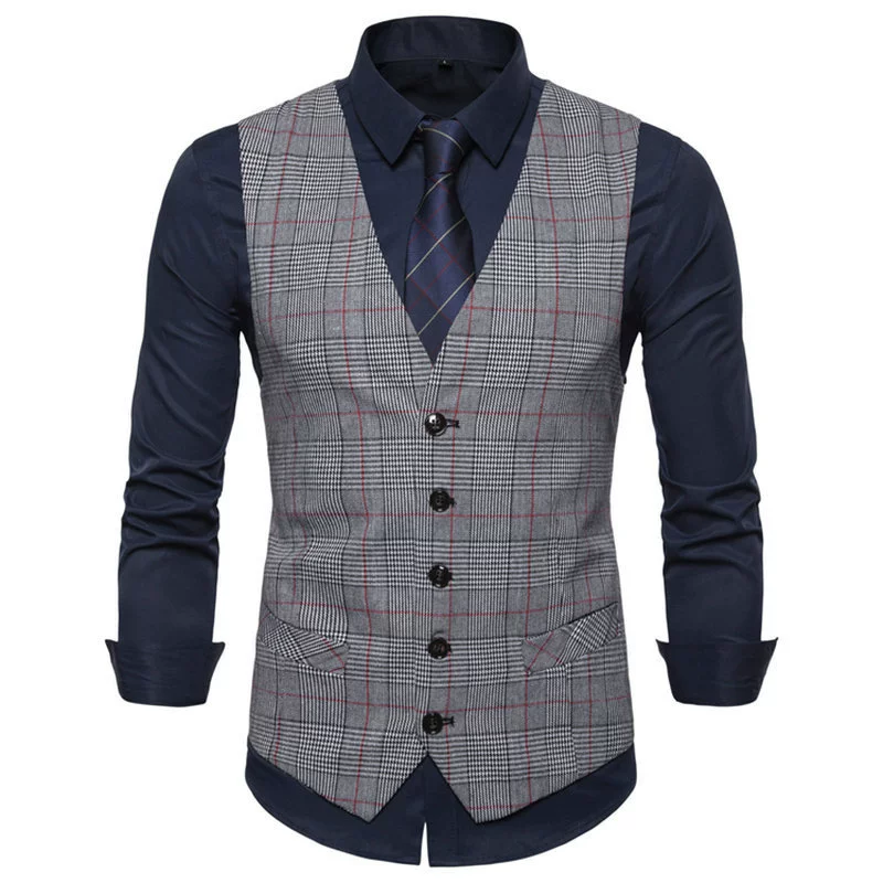 Внешняя торговля Европейский код мужской однобортный костюм с V-образным вырезом в клетку Жилет большого размера толстяк прилив бизнес-жилет