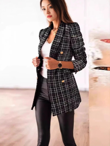 2025 Independent Station Wish Amazon Autumn/Winter Long Sleeve Double Breasted Suit Collar Slim Fit Plaid Small Coat Elegant