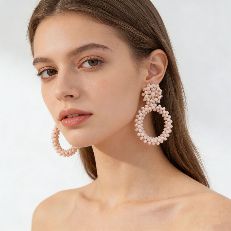 Cross-Border European and American Ethnic Style Handmade Woven Earrings with Beads, Rice Beads, Circles, Round Shape, Niche Versatile Earrings, Geometric