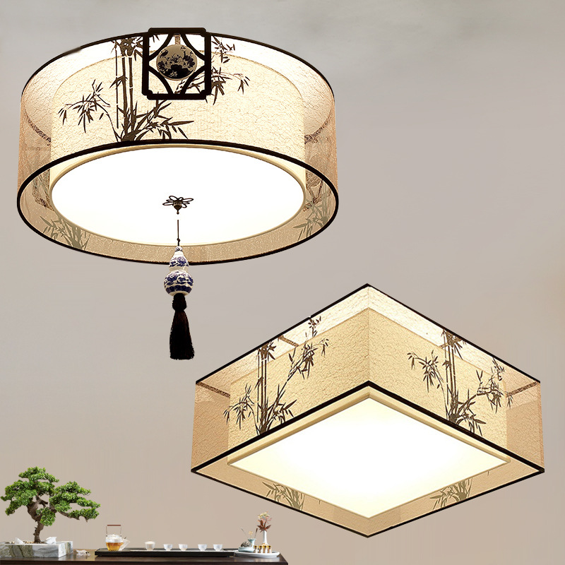 新中式吸頂燈布藝竹葉簡約圓形書房燈酒店客房燈溫馨臥室燈風