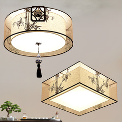 新中式吸頂燈布藝竹葉簡約圓形書房燈酒店客房燈溫馨臥室燈風
