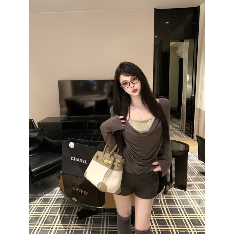 纯欲辣妹亮片挂脖假两件叠穿荡领喇叭袖修身显瘦打底衫T恤女上衣|undefined