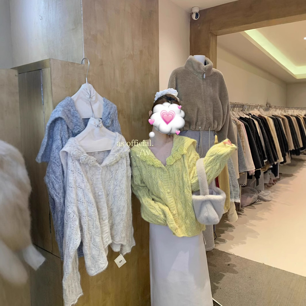 부드러운 스타일 할로우 3 차원 꽃 니트 카디건 스웨터 여성의 느슨한 게으른 세련된 슈퍼 좋은 해군 칼라 재킷