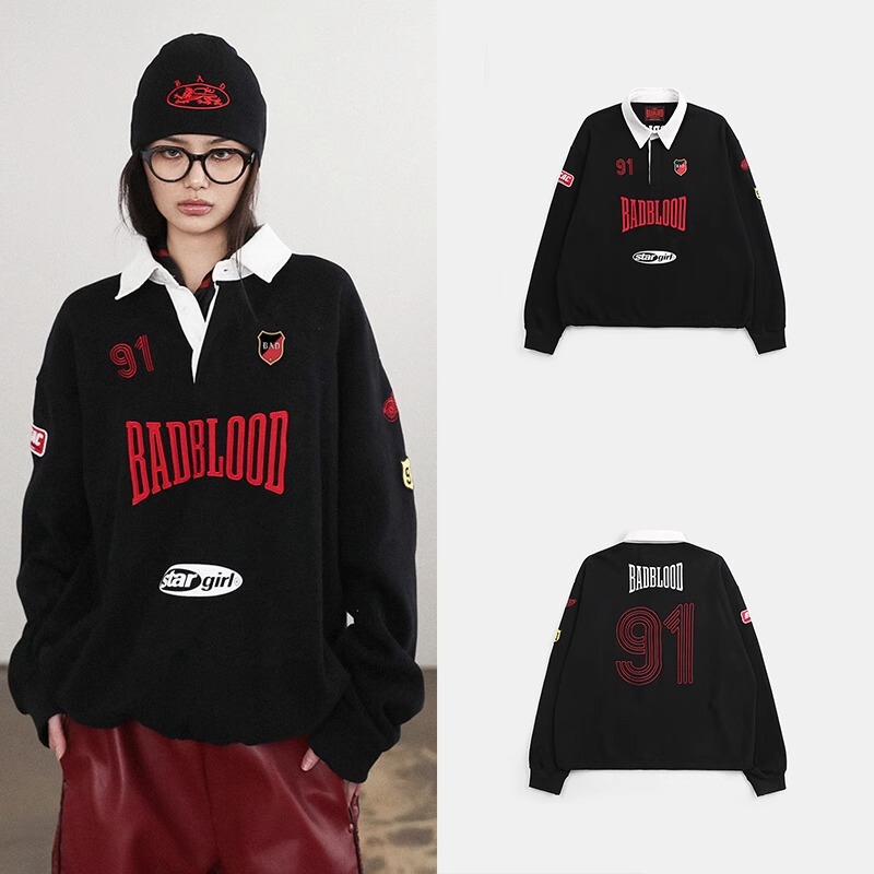 Korean Badblood Bcac Series American Retro Polo Collar Sports Loose Sweatshirt Women's Rugby Jacket Korean Badblood Bcac Series American Retro Polo Collar Sports Loose Sweatshirt Women's Rugby Jacket