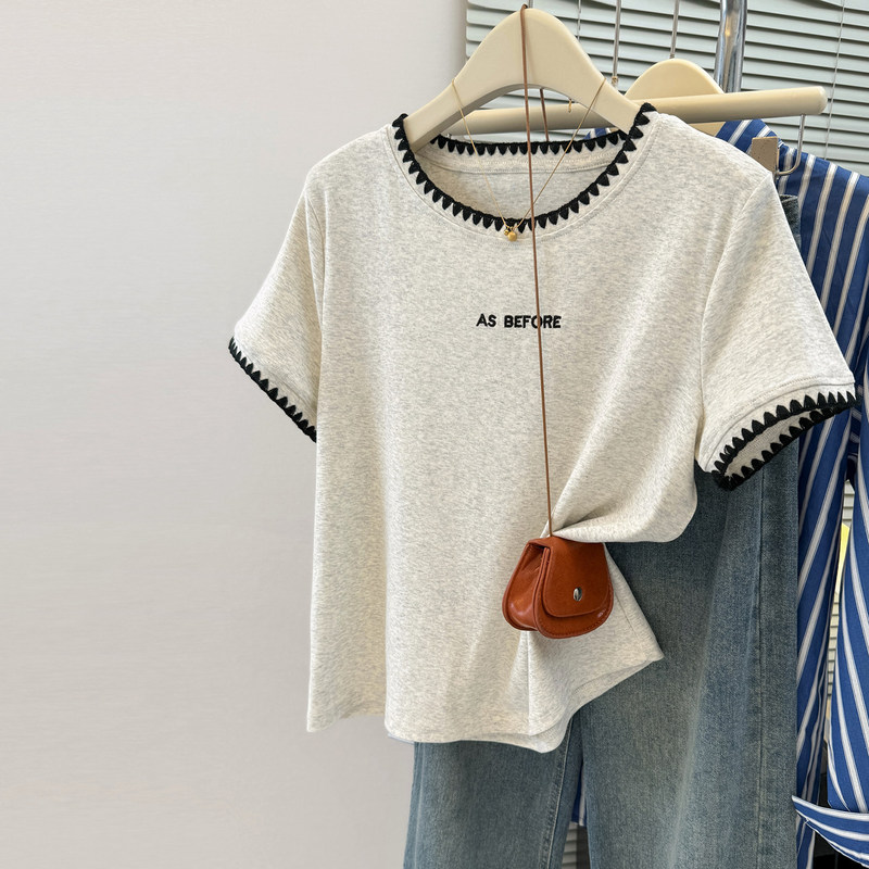 Real Shot of Foreign Trade Cotton Ribbed Summer Letter Embroidery Short-Sleeve T-Shirt for Women, Loose Fit, Slimming, Color-Blocking Half-Sleeve Top Real Shot of Foreign Trade Cotton Ribbed Summer Letter Embroidery Short-Sleeve T-Shirt for Women, Loose Fit, Slimming, Color-Blocking Half-Sleeve Top