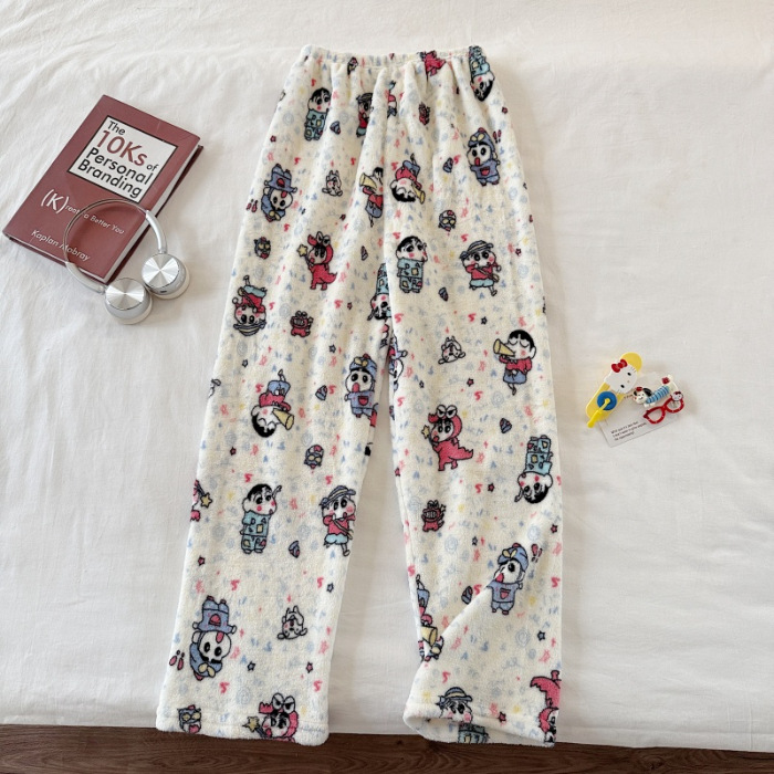 Invierno nuevo pantalones cálidos de franela estilo de caricatura coreano para mujeres más grueso y terciopelo cálido para el hogar pijamas de lana se pueden usar fuera