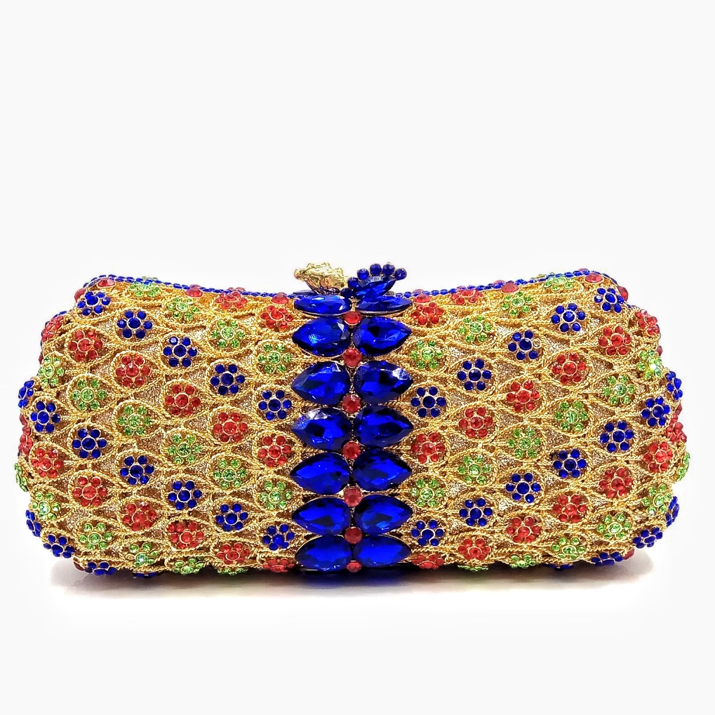 Túi clutch dạ tiệc đính kim cương rỗng kiểu mới — Vàng đáy lỗ màu xanh lá, Nền vàng ngọc xanh lam, Màu đen, Tím Nhiều màu
