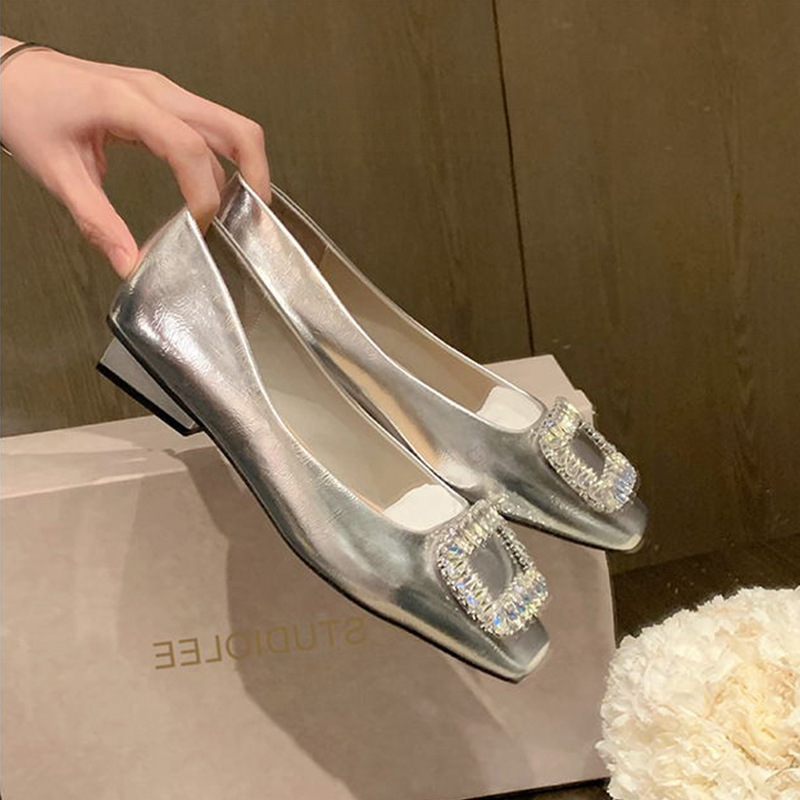 Sheepskin version~rhinestone silver chunky heel flats for women, new spring style, French square toe, shallow mouth, slip-on, flat, work shoes Sheepskin version~rhinestone silver chunky heel flats for women, new spring style, French square toe, shallow mouth, slip-on, flat, work shoes