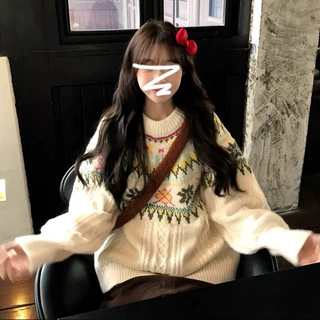 费尔岛圆领套头毛衣女秋冬2026新款慵懒风高级感加厚宽松针织上衣