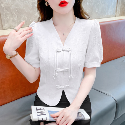Pankou V-neck women's short-sleeve summer 2025 new arrival Chinese-style national wind small top with unique bubble sleeves