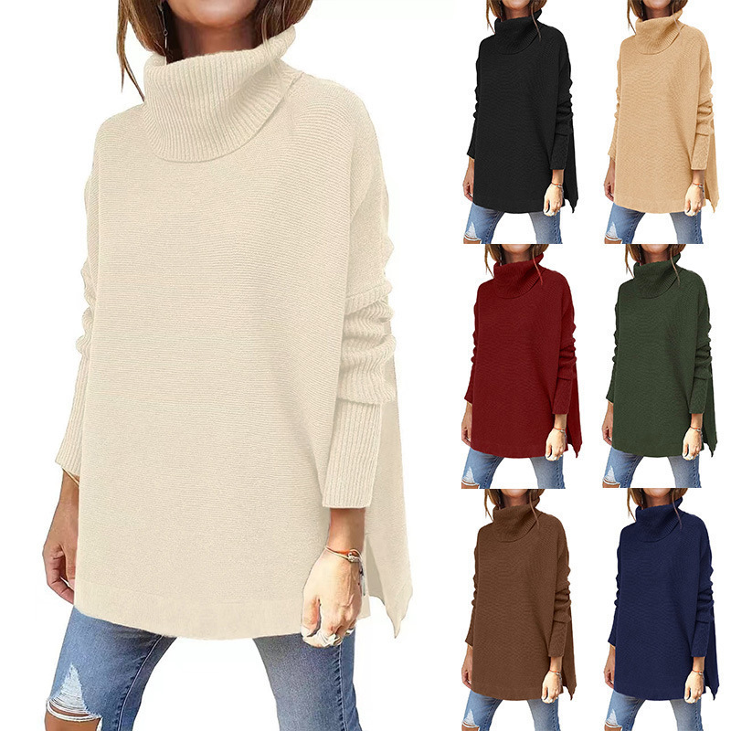 2025 Amazon European and American Short-Sleeved Cross-Border Turtleneck Sweater Mid-Length Batwing Sleeve Hem Cinched Pullover Sweater