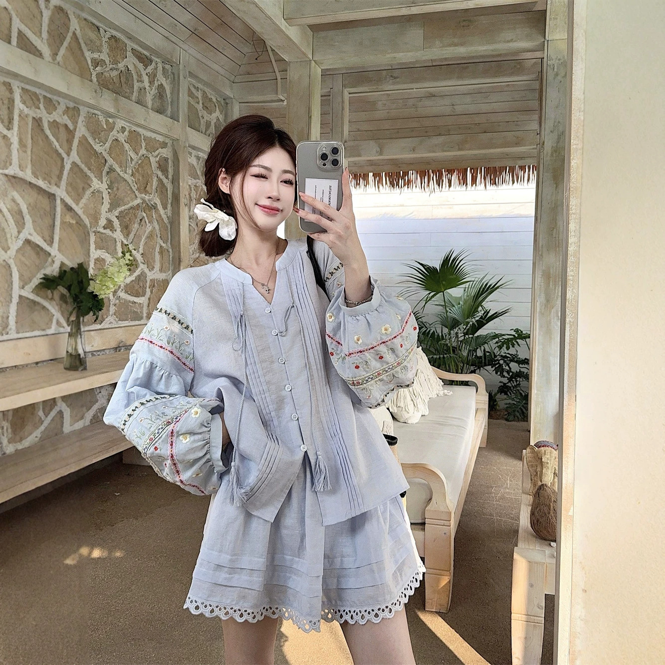 Retro Linen Cotton Long-Sleeved Shirt for Women Summer Loose Embroidered Lantern Sleeve Babydoll Top + Skirt Two-Piece Suit