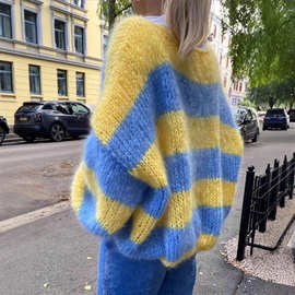 欧美跨境秋冬新款圆领套头毛衣针织衫慵懒宽松渐变条纹撞色上衣