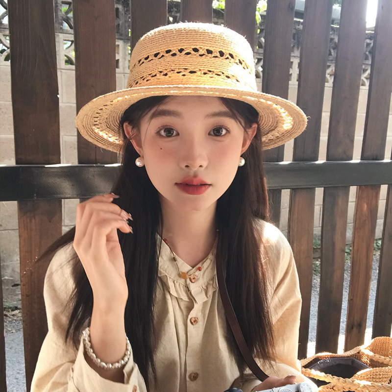 高品质~拉菲镂空平顶帽子女新款夏季礼帽|undefined