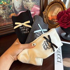 早秋双针芭蕾风蝴蝶结袜子女中筒袜jk学院风日系可爱堆堆棉袜