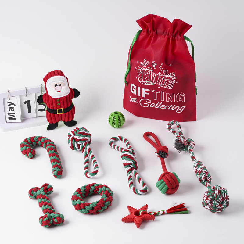 Juguetes para perros de gran venta transfronterizos, juego de juguetes de cuerda de algodón navideños para mascotas, juguete para la dentición, alivio del aburrimiento, juguete navideño con nudos resistentes a las mordidas.