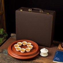潮州纯手工手拉朱泥茶盘10，12英寸紫砂储水茶船功夫茶具皮盒套装