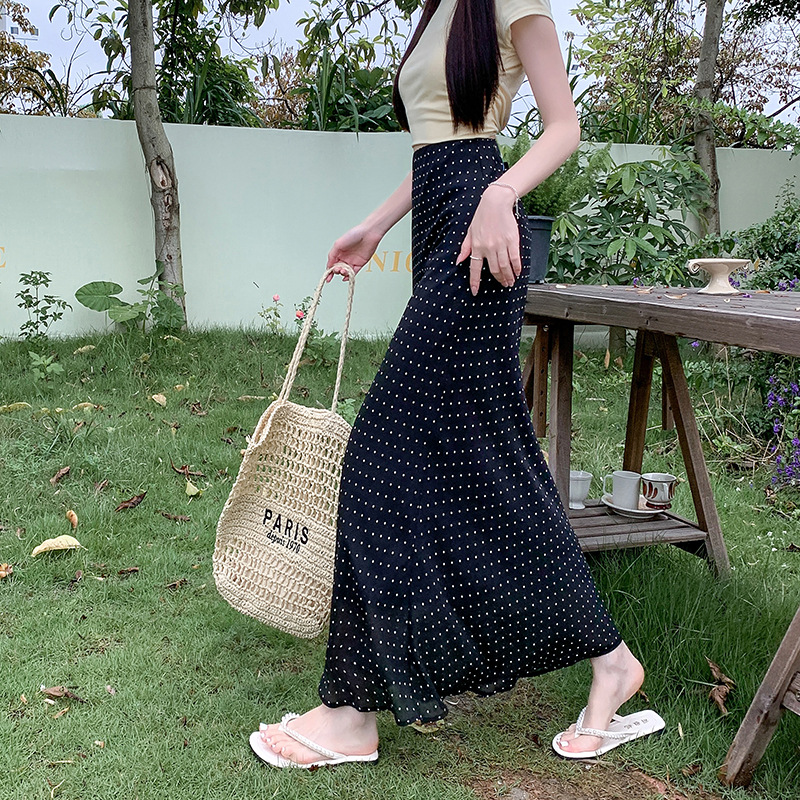 Summer red retro fitted shiffon long skirt