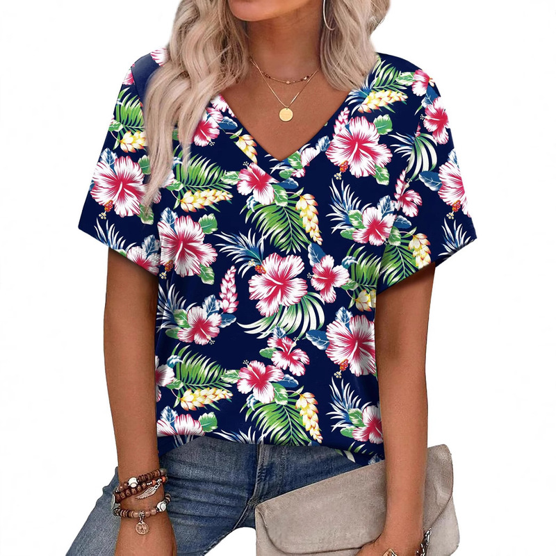 European and American Women's Summer Tops 2025 New V Neck Short-Sleeved Shirts Fashionable Elegant Casual Vacation Wear Printing