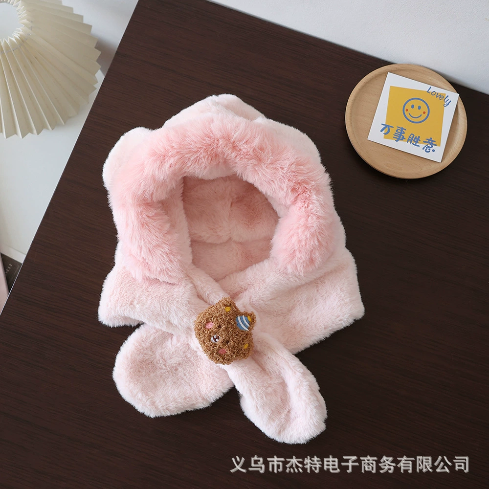 Demi-season cartoon children's hat, keep warm scarf, velvet cap for men and women, with little bears