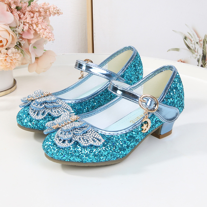 2025 Girls' Single Shoes Butterfly Princess Shoes Children's High Heel Leather Shoes Frozen Elsa Crystal Shoes Princess Style
