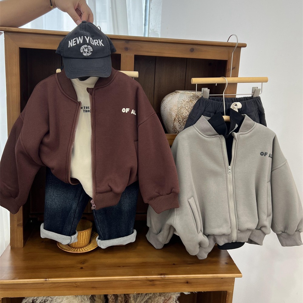Korean children's clothing, winter boys and girls, plush baseball jacket, thick letter zippered sweater, hoodie jacket_voghion.com